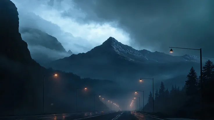 storm, Dark clouds gathering in the sky, storm, In a foggy road, surrounded by fog, stone mountains on the horizon, UHD, accurate, masterpiece, high details, high quality