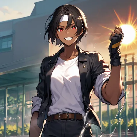 High School Girl Bathing in Hose,short hair,boyish,black hair,red eyes,dark skin,Schoolyard,high school,sun,cowboy shot,costume is ((black jacket with rolled up sleeves)), fingerless gloves, white T-shirt, ((white headband)), black slacks, white shoes, bro...