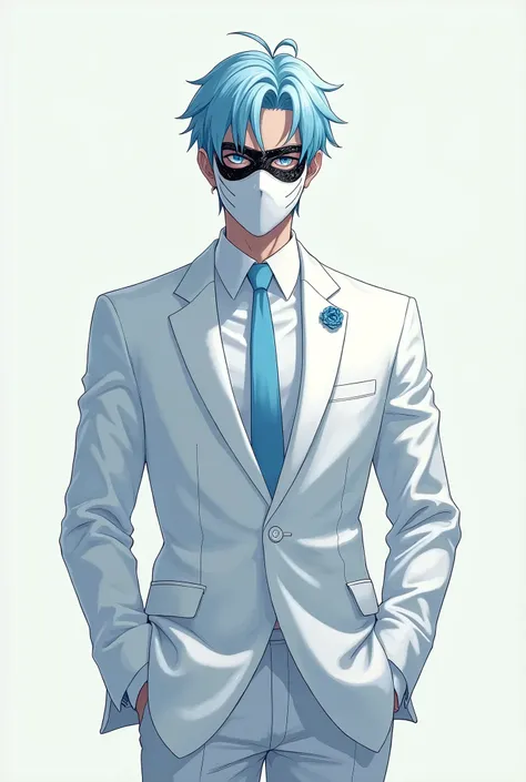 ((Uzumaki Naruto Look A like)), ((master part:1.2, best quality)), 4k, 1 man, anime style, Handsome, short baby blue hair, forehead, white suit, baby blue tie, portrait, white mascarade mask covering his whole face, black details on the mask, defined body,...