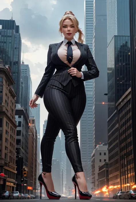 Giantess art, giga giantess in distance walking on through city, a toung woman with beautiful curves, massive thighs, blonde hair in a braided ponytail, lipstick, wearing a perfect form-fitting grey pinstriped trouser suit and blazer, crisp white shirt, an...