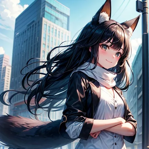 One girl, Animal earsの毛羽立ち, Animal ears, Aqua Eye, bangs, black Coat, chest, button, Coat, Arms crossed, Fox Ears, Fox Girl, High resolution, large chest, Long Hair, Watching the audience, Open your mouth, 部分的にbuttonを外した,  road, scarf, shirt, Short eyebrow...