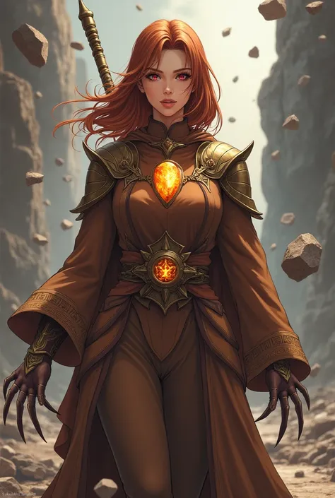 anime, 25 y woman, mid length chesnut hair, wearing a brown magician robe with stone and earth symbols, a bronze metal plate armor on the robe, an ocher glowing stone on the armor, metal belt, ((wear claw-like bladed glove in left hand)), magical staff in ...