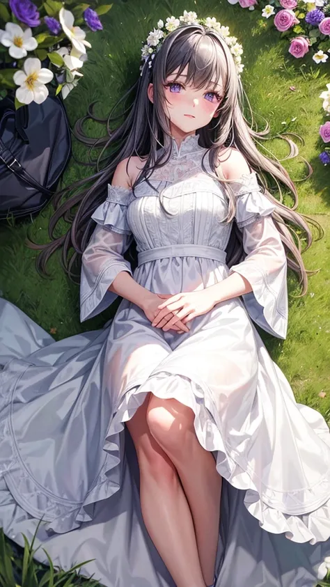 1 , of dark gray fur, Violet eyes, wearing a white dress with flowers playing in a field with a dog