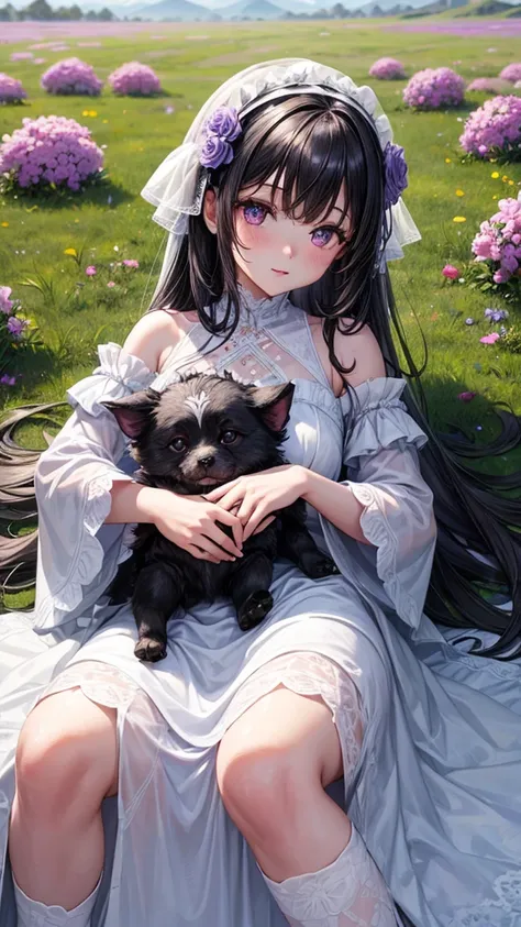 a baby girl, of dark gray fur, Violet eyes, wearing a white dress with flowers playing in a field with a dog