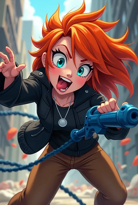 Aus Disneys Infinity-Anime-Stil: Kimberly Ann Possible Cheeky My Evil sticks out her tongue in a mini fight with a blue weapon with rope, orange hair, cool evil black jacket, zipper, brown pants