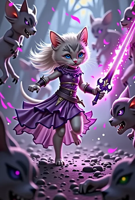 A beautiful female kitten warrior swinging a sword fighting off demons running,l surrounded by purplish flames