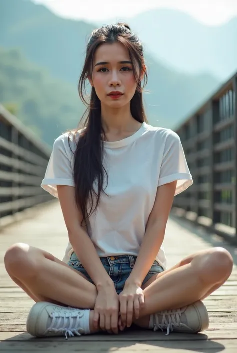 Angle shot, straight-faced, beautiful Asian woman, long hair, tied hair, sitting with legs dangling, at the bridge, wearing a t-shirt, nature, smog, morning sunlight, mountains, sneakers