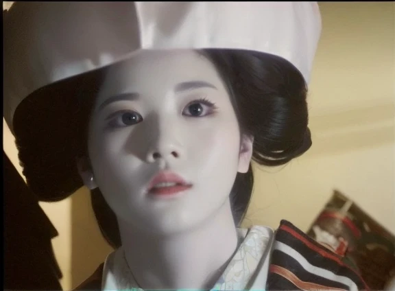 her whole body surface is  painted in white, with a maiko hairdo, her whole body is visible, big and round expand ass, jutted out big breast, Wide-angle shot, whole body, Upper body front, Lower body sideways