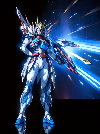 Full Body Shot, Very detailed, The costume colors were inspired by Gundam.、8k, Actual Photos, impressive lighting, Dynamic action poses, Great energy effect, White and sky blue color palette, Simple costume design, advanced technology, Heroic and powerful,...