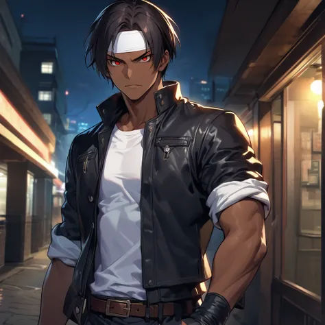 (night:1.5), sexy, upper body, (dark skin:1.2), glossy skin, glossy black hair, (20 yr old male) (short cut) (eyes between hair) (black hair) (red eyes), costume is ((black jacket with rolled up sleeves)), fingerless gloves, white t-shirt, ((white headband...