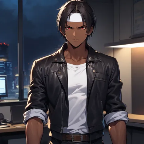 (night:1.5), sexy, upper body, (dark skin:1.2), glossy skin, glossy black hair, (20 yr old male) (short cut) (eyes between hair) (black hair) (red eyes), costume is ((black jacket with rolled up sleeves)), fingerless gloves, white t-shirt, ((white headband...