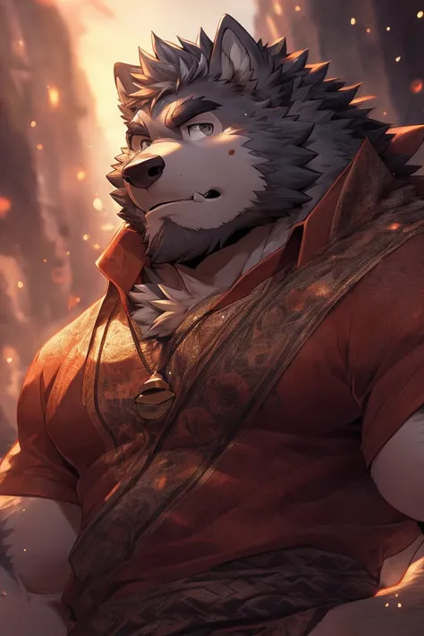 human nature, Wildlife, male,3，youth， solitary, ((Round Face, Rounded face,Gray eyes,Thick gray hair)), ((Endocrine, Handsome，Hot Blood)),（Wearing a blunt iron sword on the waist） ((Domestic wolf, Wolf Orc，) hairy fur, hairy), Bokeh, (high quality, high re...