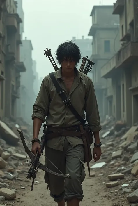 Young man in his thirties, her hair is black and disheveled, he is very unshaven, ses vêtements sont sales et déchirés, il marche dans les rues dune ville en ruines, he is armed with a crossbow, photorealistic.