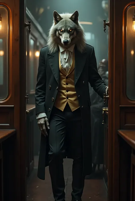 a wolf in a man body with classical clothes in a old train