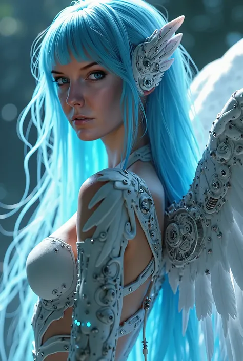 A really hot female angel, which flies backwards through the picture. She wears a futuristic dress. She has epic cybernetic Robert wings you can see elaborate tubes, gears, Cables and many small detailed feathers and many blue pulsating light points. She h...