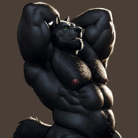 Black bara wolf, black fur, very large pecs, strong physique, very muscular, perfect anatomy, masterpiece, black beard, green eyes, strong jaw, giant biceps, hairy pectorals, solo, great lighting, by bebebebe, by ZIXiong, by zackary911, by SligarTheTiger, ...