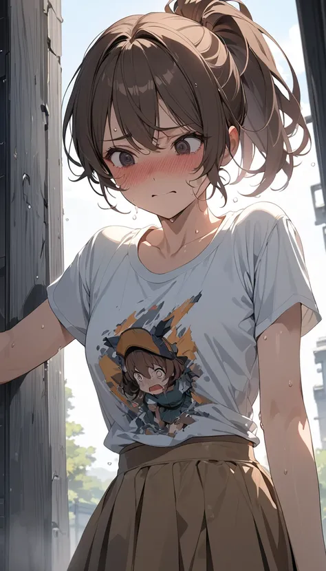 masterpiece, Best Quality, High resolution, Super detailed, Anime Style,  Test of courage, scared, Cowboy Shot, One Girl, solo, sweat,  Cute Face, Medium chest, Brown hair ponytail, 分け目のある前髪 break, Dark Eyes, break, T-Shirts, skirt, Outdoor, 