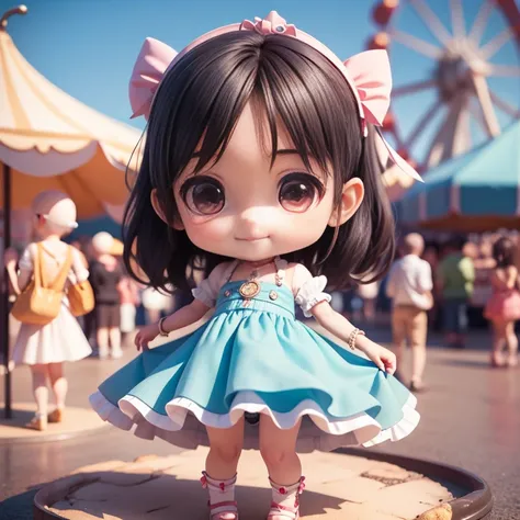 Cute BabiesChibiAnime,(((chibi 3d))) (Best Quality) (Master Price)、Chibi Model、Light blue dress、Beautiful jewel-like black hair　Background、A bustling amusement park on a bright day.　Detailed face、Big smile　She has no hair accessories.　