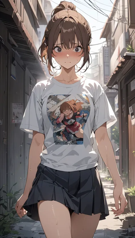 masterpiece, Best Quality, High resolution, Super detailed, Anime Style,  Test of courage, Cowboy Shot, One Girl, solo, sweat,  Cute Face, scared, Walking, Medium chest, Brown hair ponytail, 分け目のある前髪 break, Dark Eyes, break, T-Shirts, skirt, Outdoor, 