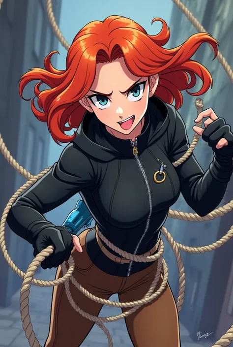 Aus Disneys Infinity-Anime-Stil: Black Widow is tied up with a rope by Kimberly Ann villain. Possible cheeky My Evil sticks out her tongue in a mini fight with a blue weapon, orange hair, cool evil black jacket, zipper, brown pants