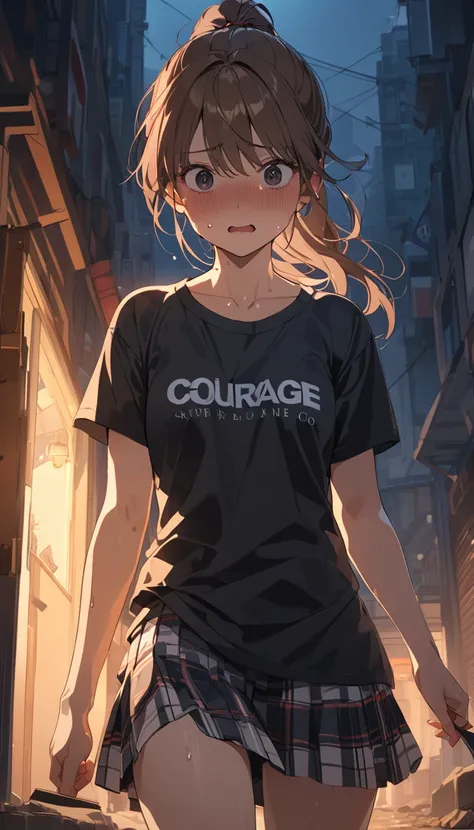 masterpiece, Best Quality, High resolution, Super detailed, Anime Style,  Test of courage, night, Cowboy Shot, One Girl, solo, sweat,  Cute Face, scared, Walking, Medium chest, Brown hair ponytail, 分け目のある前髪 break, Dark Eyes, break, T-Shirts, skirt, Outdoor...