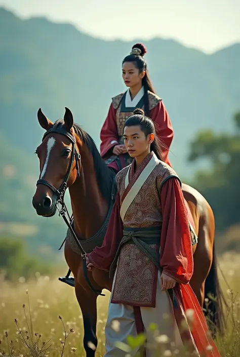 Young man leading horse with female rider in ancient Chinese, Three Kingdoms period, close-up, 4K resolution