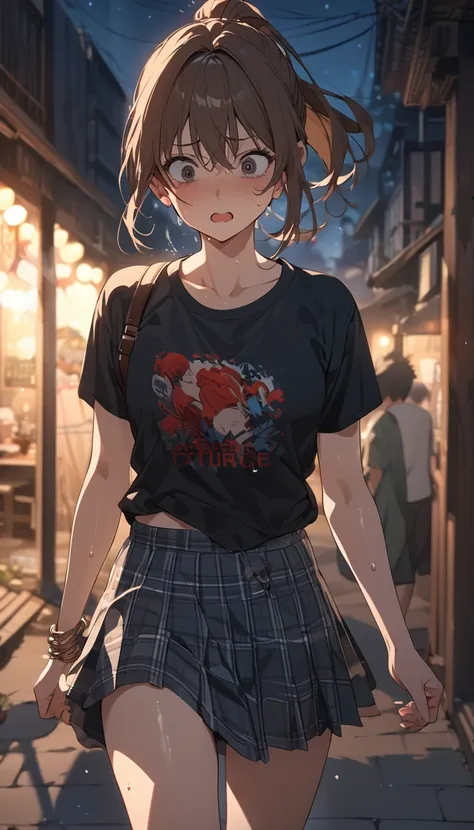 masterpiece, Best Quality, High resolution, Super detailed, Anime Style,  Test of courage, night, Cowboy Shot, One Girl, solo, sweat,  Cute Face, scared, Walking, Medium chest, Brown hair ponytail, 分け目のある前髪 break, Dark Eyes, break, T-Shirts, skirt, Outdoor...