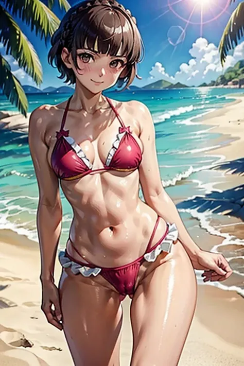 skinny makoto_niijima in a frilled bikini at the beach, (short brown hair, blunt bangs, crownbraid), wearing a cute large frilled pink bikini, frilled pleated, sarong, cute pose, blushing, gentle grin with closed-mouth, confident smile, arrogant expression...