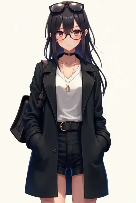 anime girl with black jacket,and with glasses full body