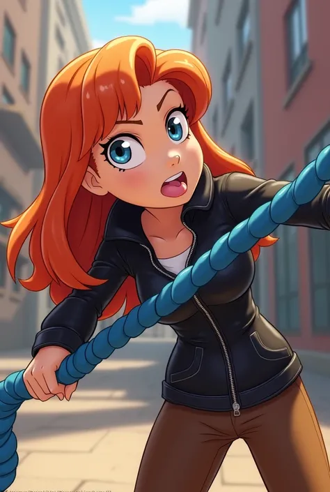 Aus Disneys Infinity-Anime-Stil: Kimberly Ann Possible Cheeky My evil tongue sticks out in a mini-fight with a blue rope weapon, orange hair, cool evil black jacket zipper brown pants 