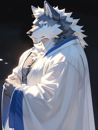 male， Muscular，Wolf，The only，Wearing light blue and white robe，Pure white background（Standing picture），Big Muscle，Standing sideways，high quality，Highly detailed，8K，All White，Light blue pupils，White hair