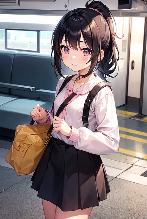 1人のgirl、girl、Black Hair、ponytail、お下げのponytail、Pink clothes、Skin-colored skirt、White boots、smile、Have a camera、Holding a camera、station、platform、The train is approaching、The train is approaching、Photographing a train、Photographing a train、smile, 鉄道ファンのgirl、...