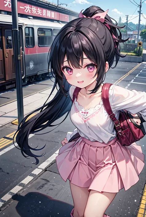 1人のgirl、girl、Black Hair、ponytail、お下げのponytail、Pink clothes、Skin-colored skirt、White boots、smile、Have a camera、Holding a camera、station、platform、The train is approaching、The train is approaching、Photographing a train、Photographing a train、smile, 鉄道ファンのgirl、...