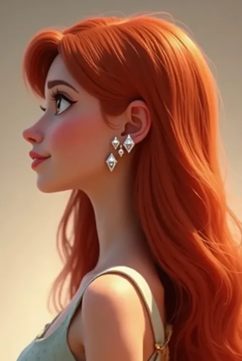 Image in pixar, 3d animation character, Beautiful girl with long red hair and long bangs, white skin, diamond or elongated face, In her ears she wears 3 diamond earrings, the image is for profile 