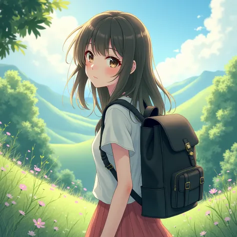 masterpice anime, Girl carrying a black backpack, From the side