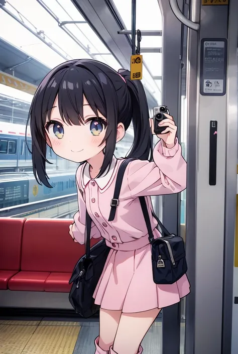 1人のgirl、girl、Black Hair、ponytail、お下げのponytail、Pink clothes、Skin-colored skirt、White boots、smile、Have a camera、Holding a camera、station、platform、The train is approaching、The train is approaching、Photographing a train、Photographing a train、smile, 鉄道ファンのgirl、...