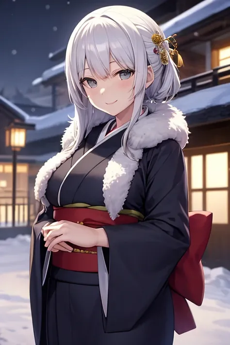 Woman in kimono with white hair in the snow at night with a beautiful smile