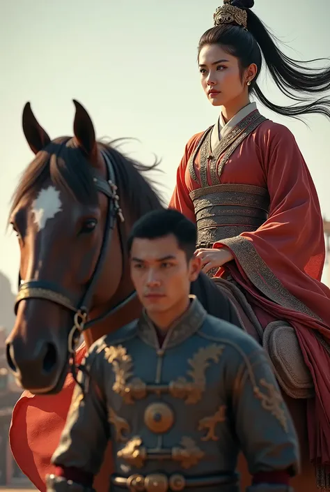 Young man leads horse with rider as female general of ancient Chinese period, Three Kingdoms, close-up, 4K resolution