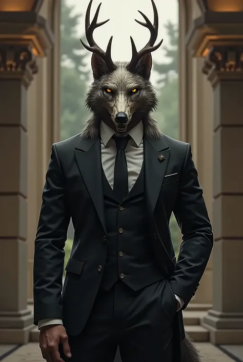 Furry, anime, wolf, noble, muscular, Black suit, background mansion, wearing deer-skull mask.
