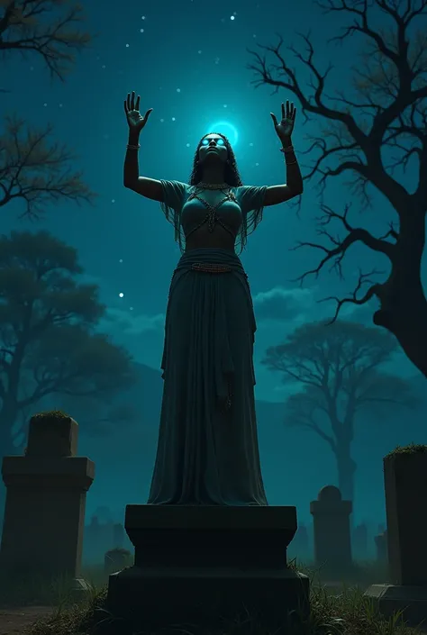 Typical African woman at night in an African village graveyard standing on a tombstone with both her hands raised and her eyes glowing 