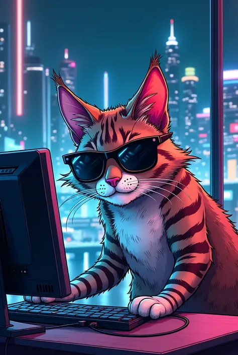 cat　Manga style　Wearing sunglasses　I have a computer　The background is a night view
