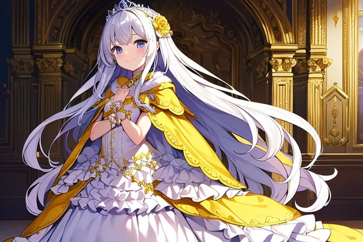 best quality, rococo style,(long train yellow cape:1.15), very long cape,(long train white ball gown with flower decorations:1.1), a girl is wearing a cape over her gown, 1 little princess, tiara, smile, very long hair, small breasts, looking at viewer