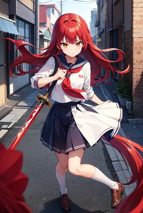 High school girl、Yankee、Long Hair、Red Hair、Red Hair、Yellow Eyes、Sailor suit、Long Skirt、Delinquent girl、Schoolyard、City alley、Wooden sword、Wooden sword