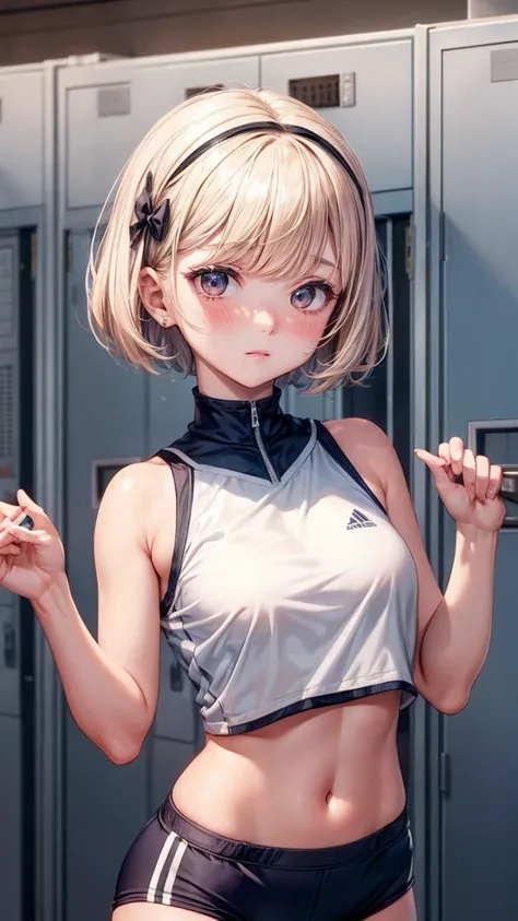 Bobcut, Floating Hair, A slight blush, Sports Bloomers, Locker Room, Hair accessories, 4K, Textured skin, Super detailed, Best Quality