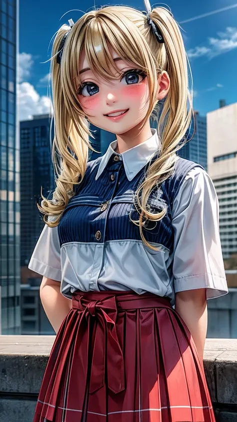 blonde、girl、Twin tail hair、smile、Urban Background