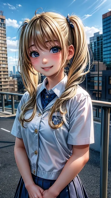 blonde、girl、Twin tail hair、smile、Urban Background