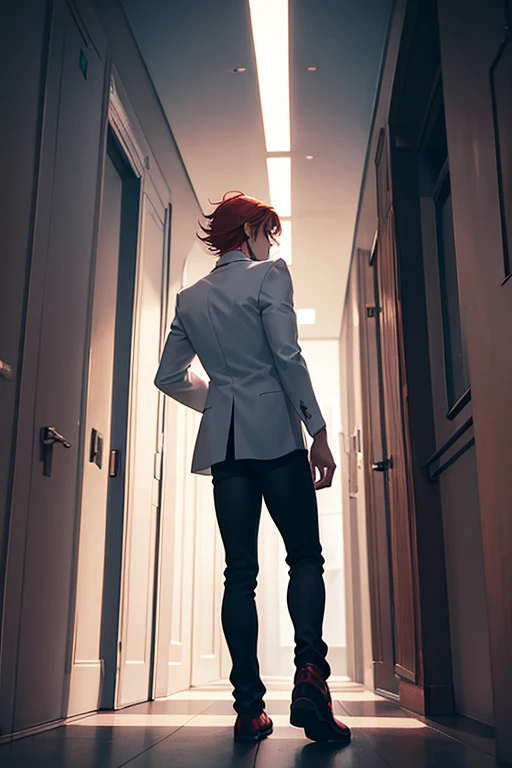 Hallway at dusk ,  A red-haired man stands with his back turned, wearing a white suit and black jeans. , Dark clouds, it&#39;s going to rain.