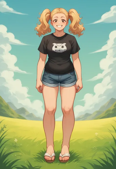 A puffy-bodied 20 years old woman ,solo,full-length portrait,midiam_long, wavy blonde hair Twintails tied low position,wearing short pants thick-soled sandals and Black T-shirt with Zombies on it, staning up against a rural landscape with fields and hills ...