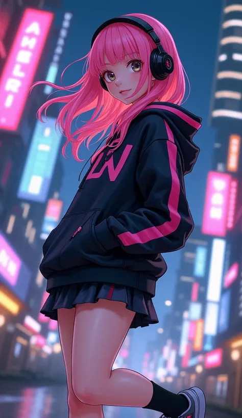 masterpiece, Best Quality, High resolution, Very detailed,(((Cute girl with pink hair))), (((Japanese Anime))), (((Black hoodie with pink stripes))), (((mini skirt))), (((Wearing headphones))), (((Black socks))), (((sneakers))), (((Neon lines))), (((Cyberp...