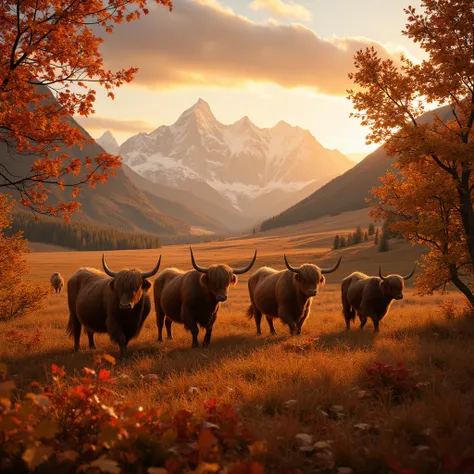 leaves interwoven with golden and deep red cover the entire valley, and the peaks of distant snow capped mountains glow with golden light in the sunset. A group of yaks leisurely stroll on the grassland, creating a peaceful and magnificent scene.

full bod...